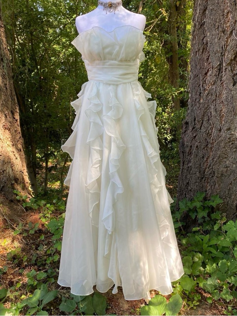 Vintage 80s Ruffle Strapless Ethereal Fairy Prom Dress Gown - Picture 2 of 8